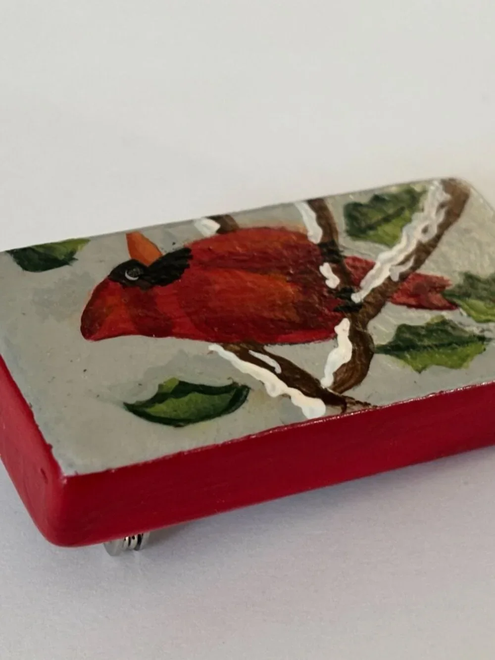Cardinal Christmas Pin Brooch Domino Hand-Painted Snowflake Charm Winter Jewelry - Picture 6 of 9